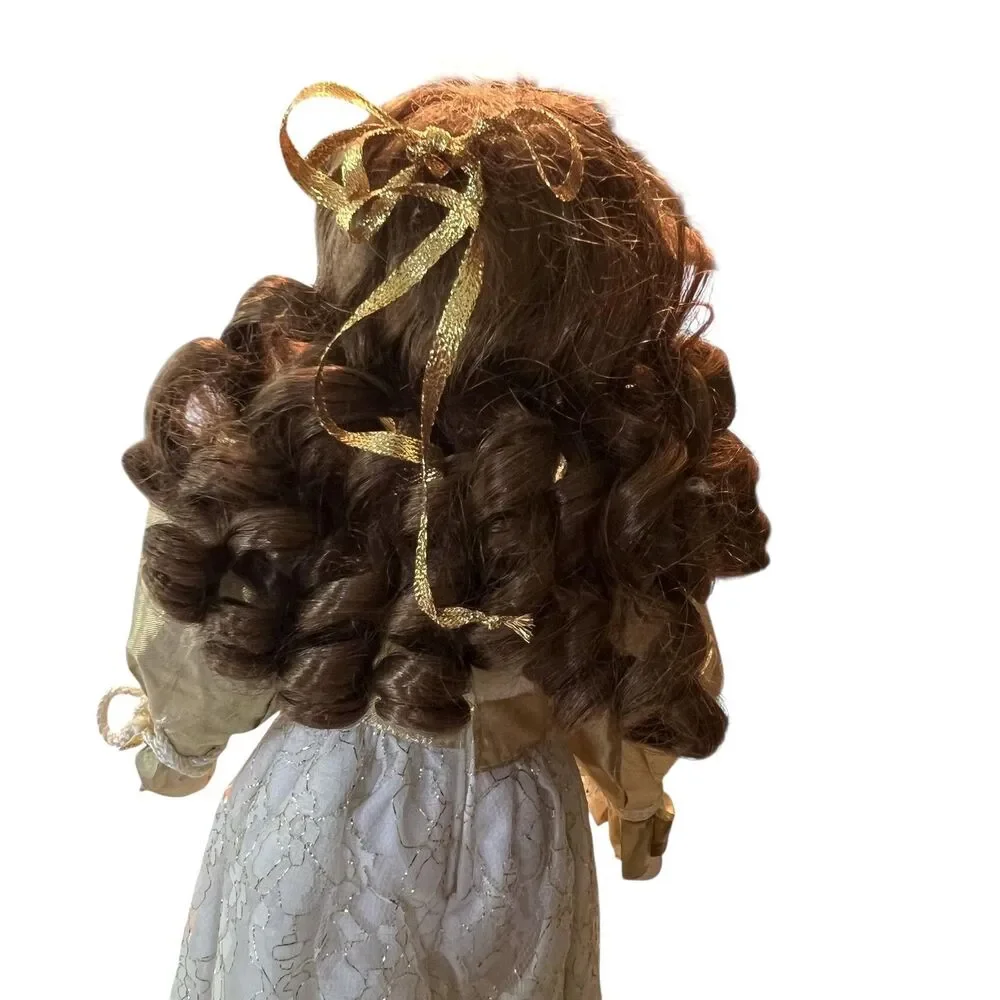 Porcelain Angel Doll Gold White Lace Dress Curly Brown Hair Decor Collectible